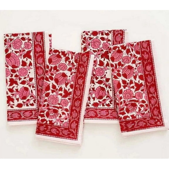 New Era Creation Red Cherry, Pink Indian Floral Hand Block Printed Cotton Cloth Napkin Size 20x20 Wedding Event Home Party,Housewarming Gift
