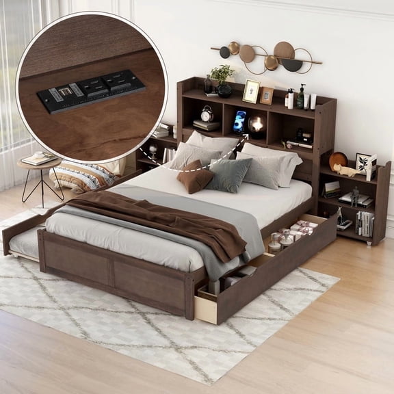 Mirightone Full Bed with Trundle Full Size Bed Frame with Storage Headboard and Charging Station Storage Bed Frame Full with Pull Out Shelves and Drawers, Espresso