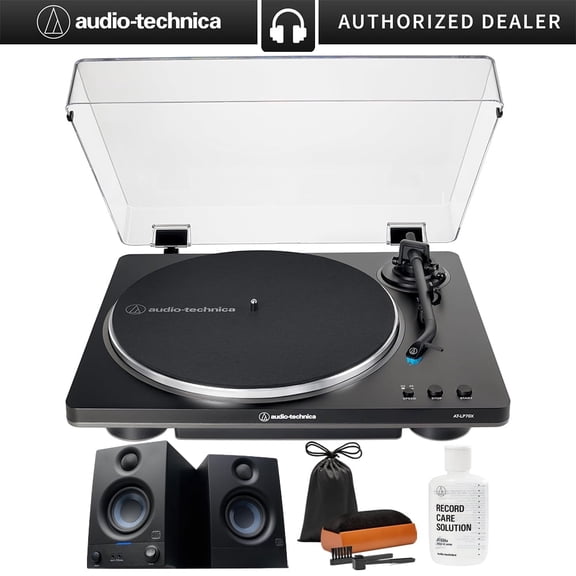 Audio-Technica AT-LP70X-BG Fully Automatic Belt-Drive Turntable, Black/Silver Bundle w/ PreSonus Eris 3.5 Studio Monitors, Pair   Vinyl Care Kit 4-in-1: Cleaning Liquid,2x Brush   Care Solution