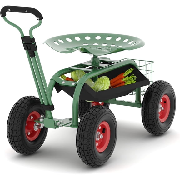 Garden Cart with Seat on Wheels Heavy Duty Rolling Garden Stool 360 Swivel Seat Steering Handle and Tool Tray Green