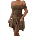 thumbnail image 3 of Vestido Corto de Cóctel con Hombros Descubiertos, Dobladillo Fruncido y Corsé Fruncido para Mujer Marrón L, 3 of 10