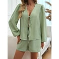 thumbnail image 6 of Women'S 2 Piece Outfits Set Long Sleeve Tie Front Top Short Set Casual Tracksuit Pajama Sets Green XL, 6 of 8