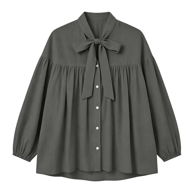 Puyaiuu Womens Bow Tie Neck Button Down Long Bubble Sleeve Loose 