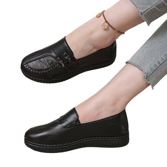 EKVAHL Women's Slip‑On Casual Loafers, PU Leather Vintage Walking Flats, Anti Slip Wide Fit Elderly Daily Walking Shoes Black