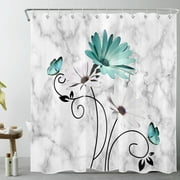 HVEST Teal Daisy Shower Curtain for Bathroom,Butterfly with White Floral on Grey and White Marble Fabric Shower Curtain with Hooks,Modern Abstract Farmhouse Bathroom Curtains Shower Set,72x78 inches