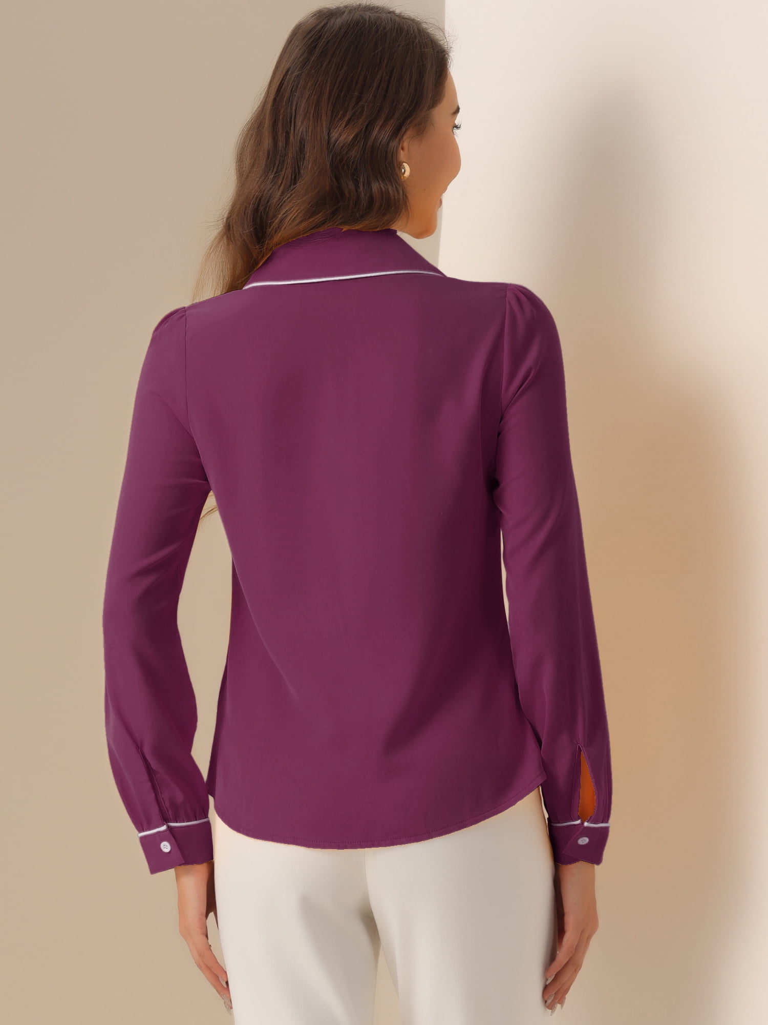 DARING DIVA Women's Collar Shirt Long Sleeve Elegant Button Down Blouse M Dark Purple
