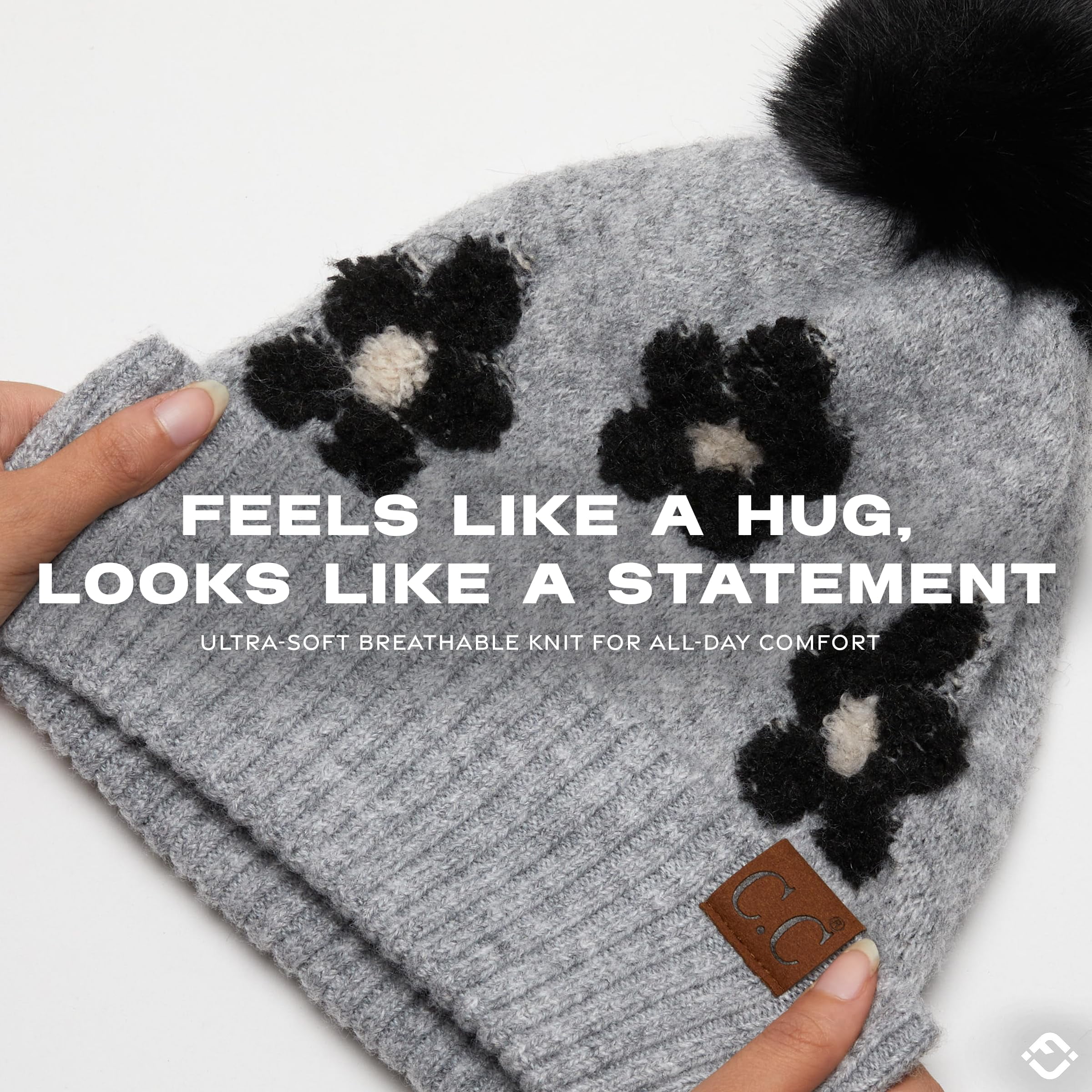 Funky Junque Beanie for Women Ultra Soft Chenille Faux Fur Pom Pom Winter Hats Warm Ski Cap Fashion - Daisy - Grey