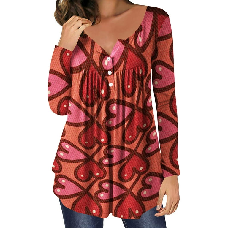RQYYD Women's Heart Print Valentine's Day Tunic Tops Casual Long Sleeve  Henley V-Neck Buttons Shirt Loose Fit Pleated Blouse Tops (Wine,L)