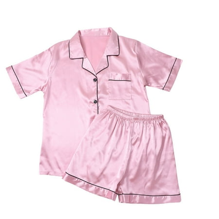 DondPO Womens Pajama Sets Lady s Short Sleeved Shorts Pajamas Satin Lapel Comfortable Home Wear Two Piece Pajamas Silk Pajamas For Women Womens Loungewear Set Pink 2XL Clearance