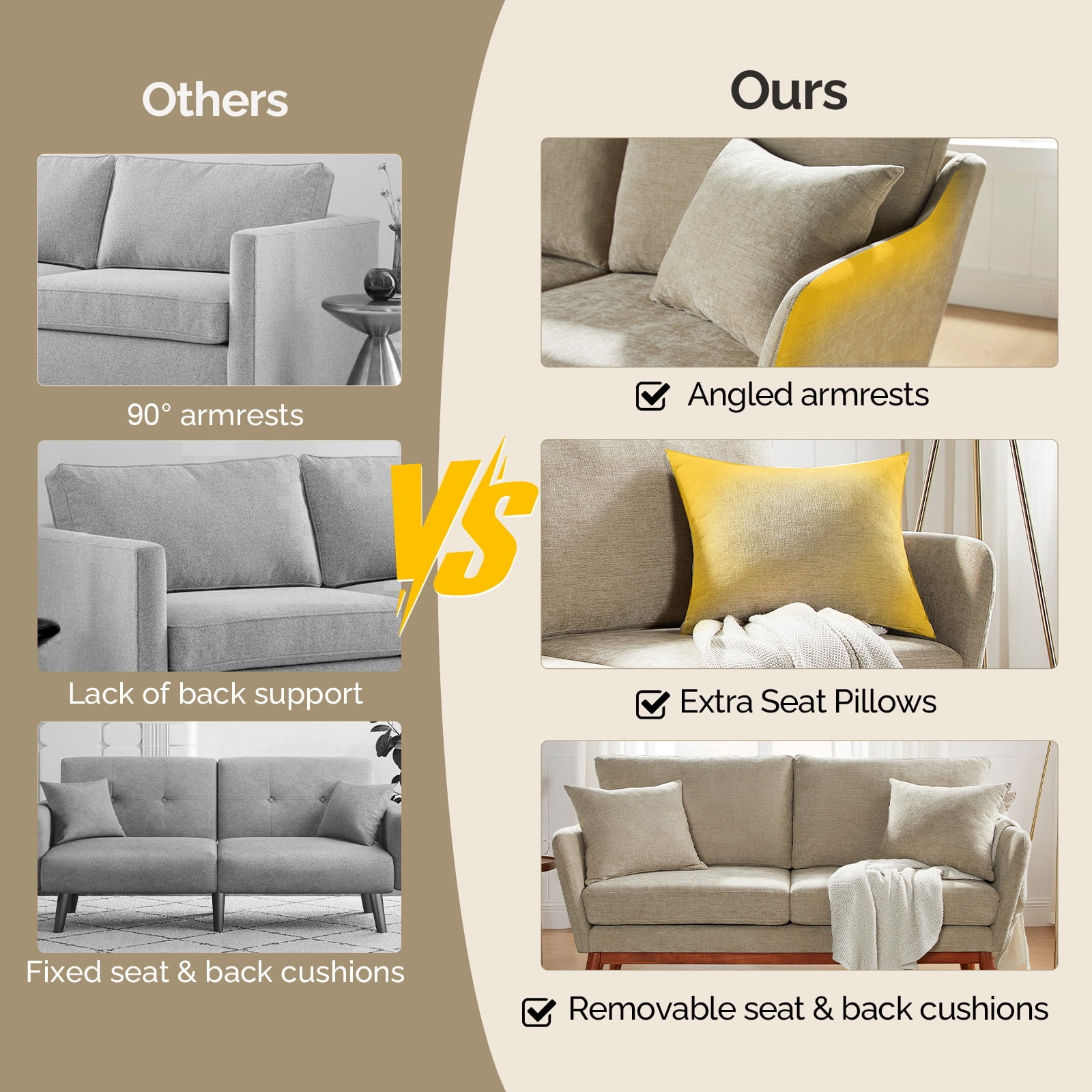 Ktaxon Mid-Century Modern Loveseat, Linen Blend 2-Seater Sofa, Solid Wood Frame Couch for Living Room, Apartment Beige
