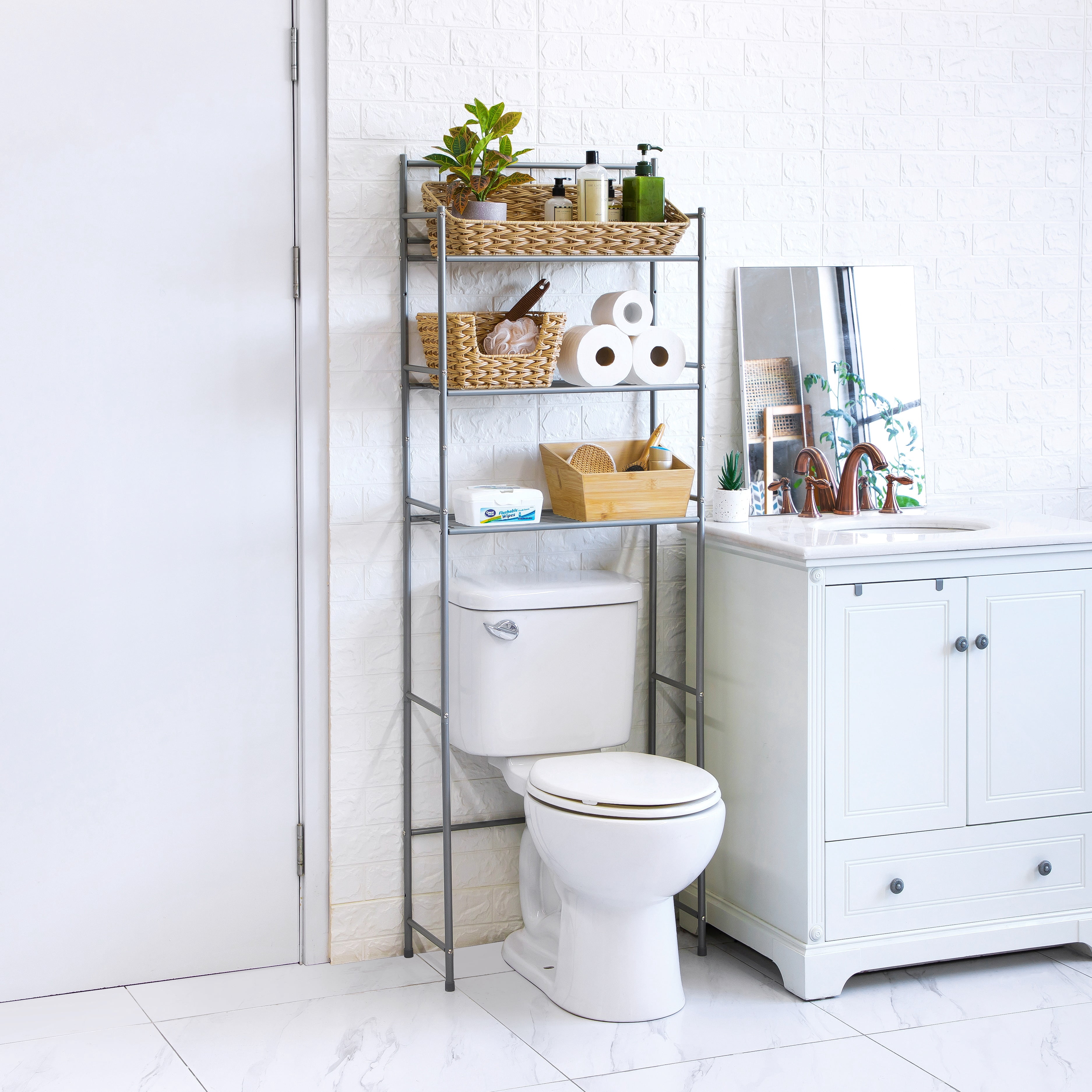 Mainstays Over-the-Toilet Bathroom Storage Shelf Unit Set with Space Saver, Basket and Hooks, Satin Nickel, 4-Piece