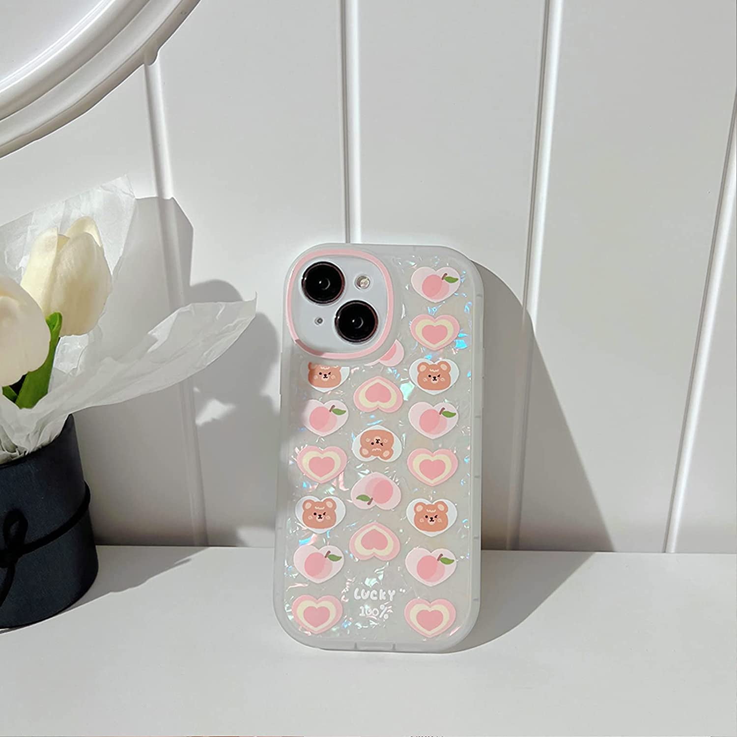Compatible for iPhone 14 Case, Cute Cartoon Love Bear Peach with Heart  Beaded Lanyard Wrist Strap for Women Girls, Shell Pattern Soft TPU Full Protective  Cover for iPhone 14- Pink Bear 