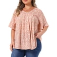 thumbnail image 4 of Agnes Orinda Women's Plus Size Floral Tops Pleated V Neck Flared Sleeve Casual Summer Blouses 4X Pink, 4 of 6