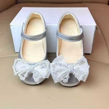 ATOGUTA Formal Shoes for Girls Silver Ballet Shoes Flower Girls Mary Jane Flats Sequined Pearl Crystal Dress Shoes for Party Wedding