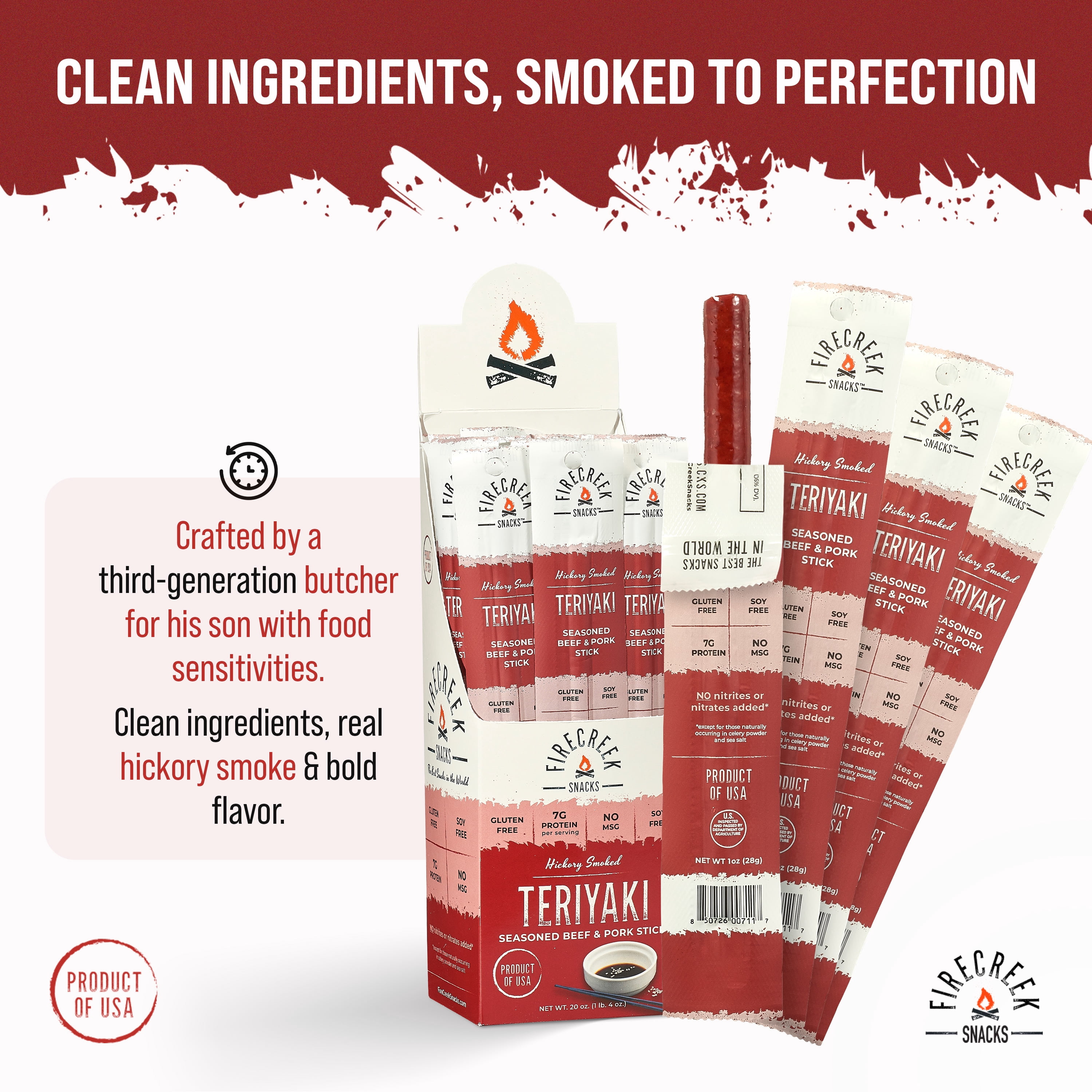 FireCreek Snacks Teriyaki Beef and Pork Meat Sticks, High Protein, Low Carb, Gluten Free (Box of 20 - 1oz Ea.)