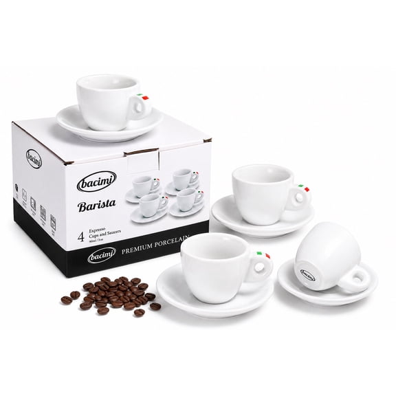 Bacimi Espresso Cups & Saucers Set of 4  3 oz Thick Porcelain Coffee Cups -  Barista Style Cup Set - Classic Italian Design - Ceramic Cups for Espresso, Macchiato, Doppio  Dishwasher & Microwave...