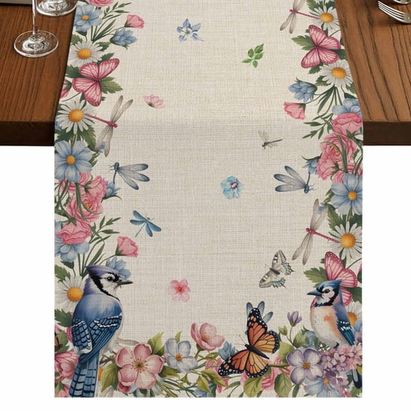 Table Runners 60 Inches Long Dress Scarves, Spring Floral Birds Farmhouse Kitchen/Dining Table Runner, Small Coffee Tablerunners, Butterflies Daisy Farmhouse Flowers 13x60 Inch