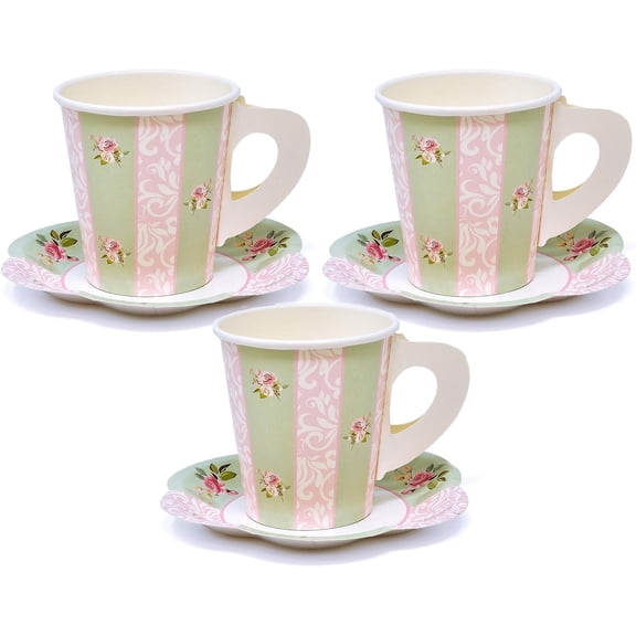 Gift Boutique 36-Piece Floral Paper Tea Cup and Saucer Set, Disposable Party Dinnerware