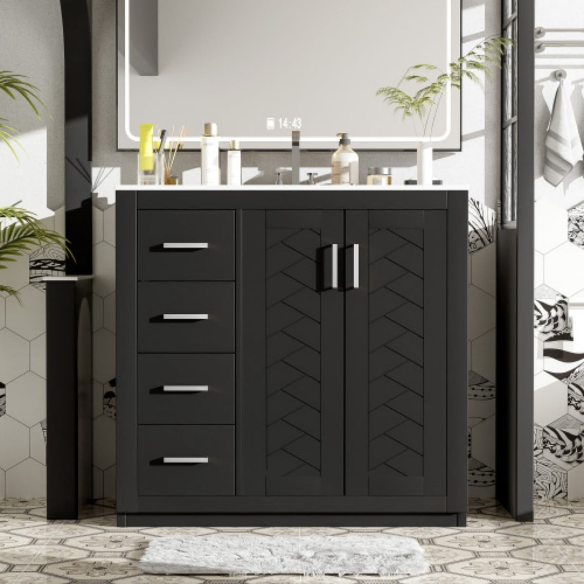 36" Bathroom Vanity with Sink, Freestanding Bathroom Vanity Cabinet with Ceramic Sink, Solid Wood Frame, 3 Drawers & Soft Close Doors, Modern Storage Cabinet, Black