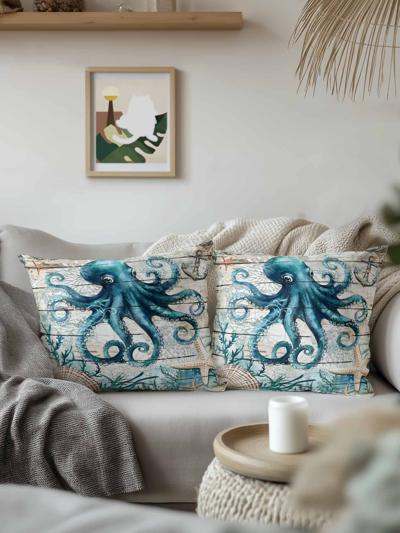 Outdoor Pillows Waterproof, Teal Octopus Coastal Bedding Throw Pillows with Insert for Couch Sofa Bed, Summer Beach Nautical Starfish Retro 18x18 Inch Pillowcases Decorative Patio Pillow Set of 1