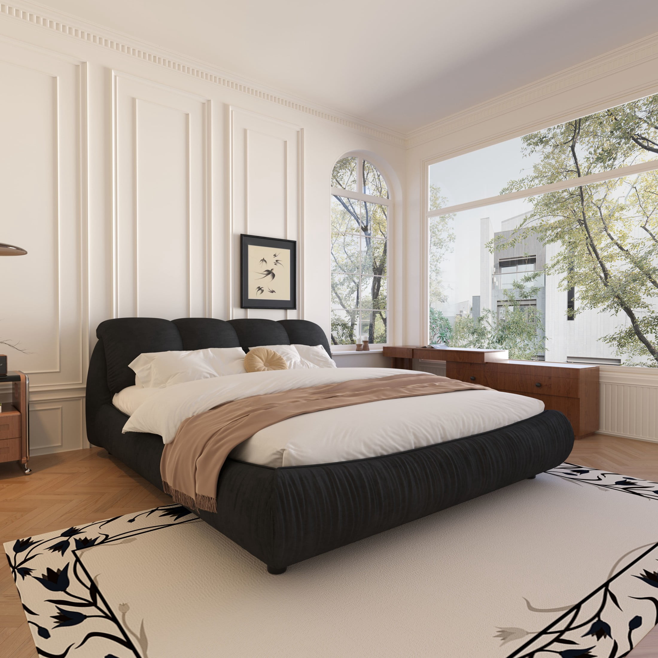Noble House Rowen King Size Luxury Upholstered Platform Bed, Ergonomic Padded Cloud Headboard, Black