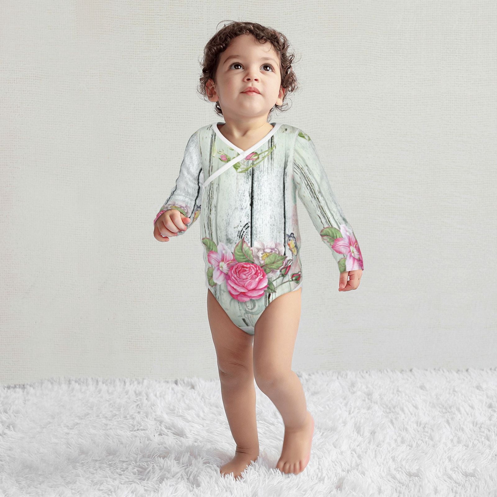 Xecao Vintage Wood with Floral Print Baby unisex-baby Cotton Long-sleeve Bodysuits-2 Years