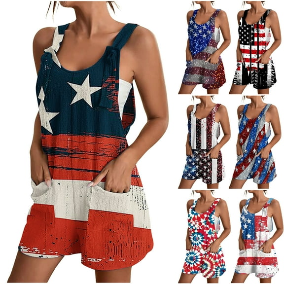 DDAPJ pyju Womens American Flag Short Jumpsuits 4th of July Patriotic Sleeveless Rompers Casyak Summer Shorts Overalls with Pockets Limited Time Sales Dark Blue XL