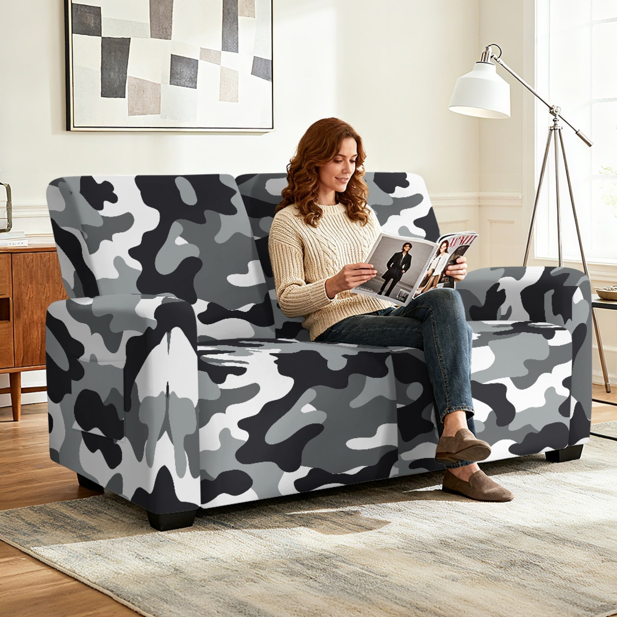 TSOVTHRID 6-Piece Loveseat Covers Black Camouflage Pattern Stretch Reclicer Love Seat Covers with Pockets Loveseat Couch Cover Furniture Protector for 2 Seat Couch Sofa