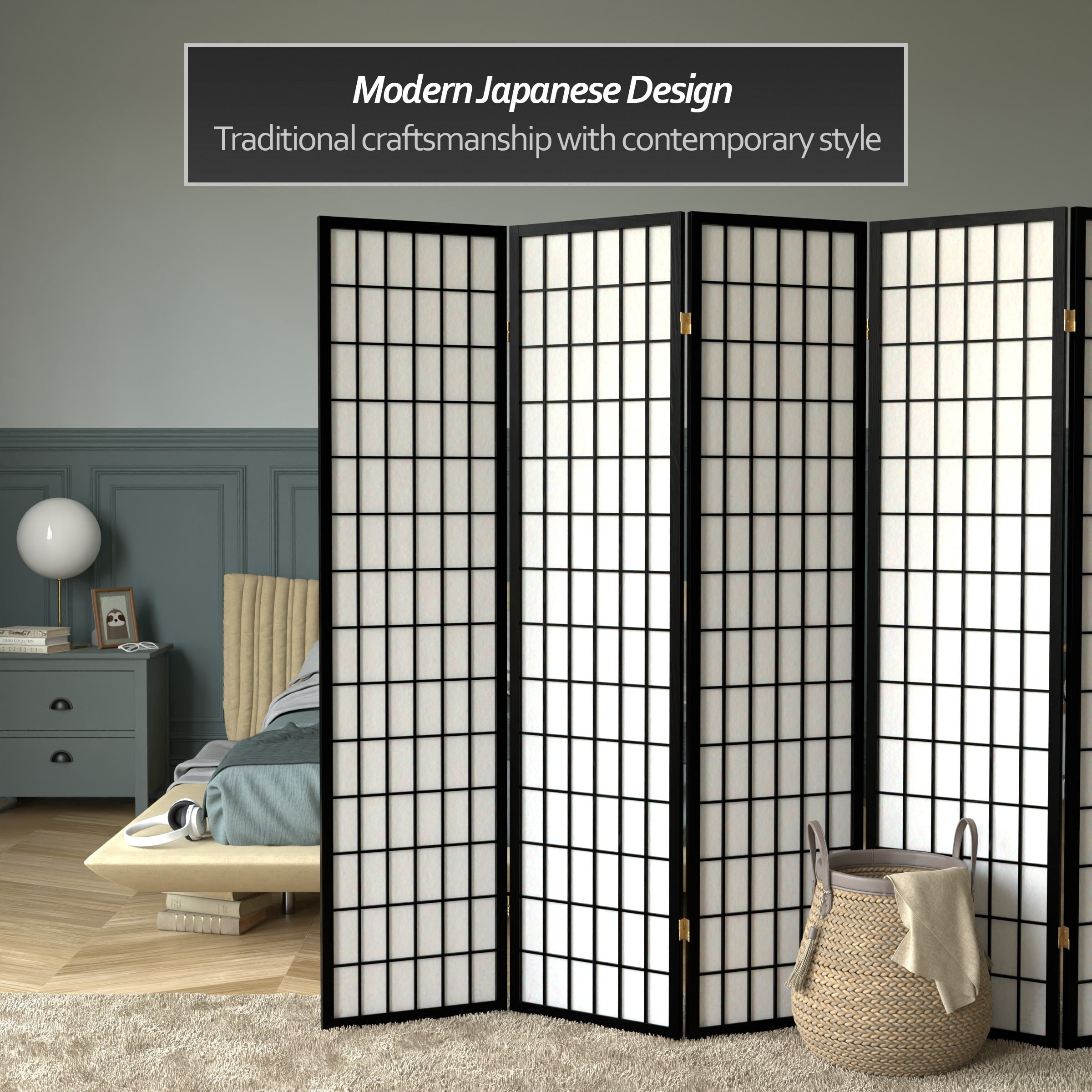 6 ft. Tall Window Pane Shoji Screen - Black - 8 Panels