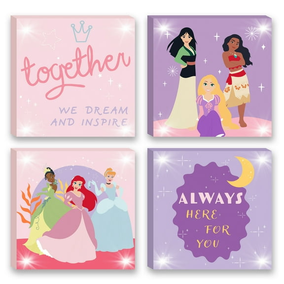 Disney Princess 4 Pack Canvas Wall Art for Children's Room Décor, Pink