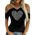 thumbnail image 1 of LilyLLL Womens Strappy Cold Shoulder Tops Short Sleeve Hot Drilling Blouse T Shirt, 1 of 4