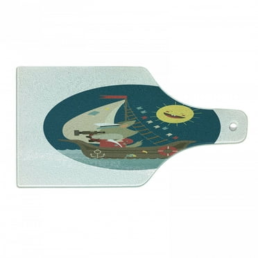 Cartoon Cutting Board, Wolf Captain Sailing into the Ocean Nautical Themed with Laughing Sun, Decorative Tempered Glass Cutting and Serving Board, Wine Bottle Shape, Multicolor, by Ambesonne