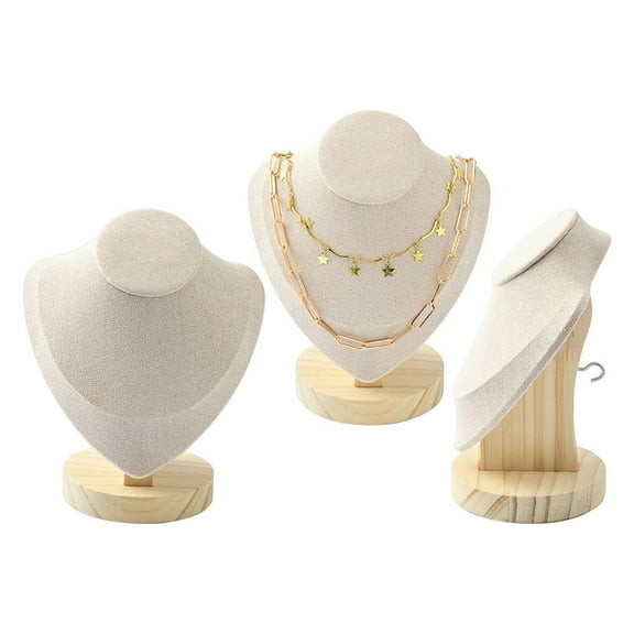 Necklace Bust Display Stand with Wooden Base Microfibre 15x17cm