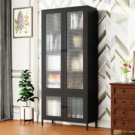 Freestanding Black Cabinet With Tempered Glass Doors And 5 Adjustable Shelves For Home Office  Bedroom - Storage Modern Metal 4 Shelves  Color Use