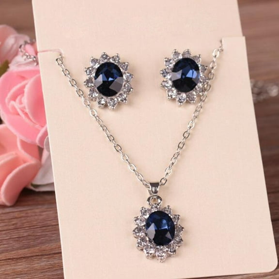 Besufy Women Jewelry Set Exquisite Sapphire Rhinestone Pendant Necklace Earrings Jewelry Set
