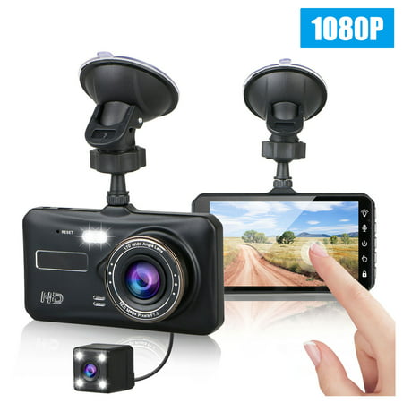 4" Dual Lens Car Camera Touch Screen, DVR Video Dash Cam Recorder 1080P Parking Monitor, 170° Front Rear Dash Camera with LED Light, Super Night Vision, Motion Detection, WDR, G-sensor, Universal