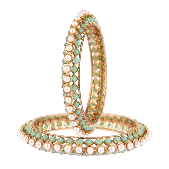 Efulgenz Beaded Bangles Faux Pearl Antique Boho Kundan Bangle Crystal Bracelet Bridal Wedding Party Statement Jewelry for Women (2 Pcs) Size 2.8