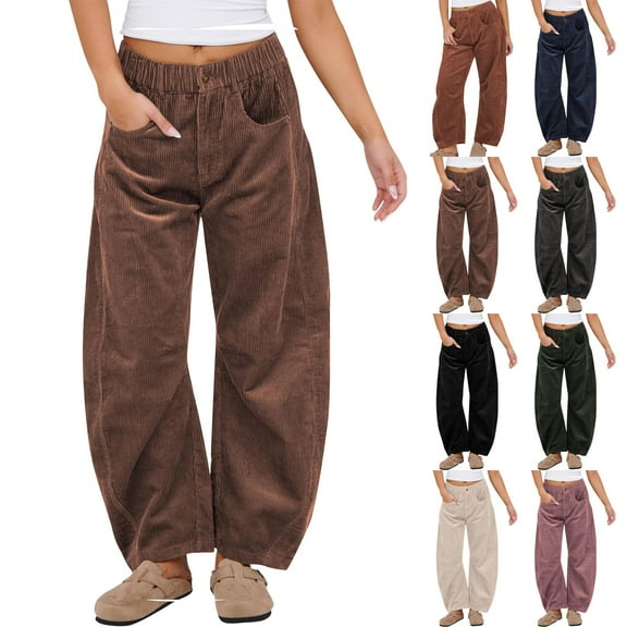 Women's Corduroy Barrel Pants Mid-Rise Elastic Waist Cord Pants Casual Wide Legs Baggy Pant with Pockets Black M