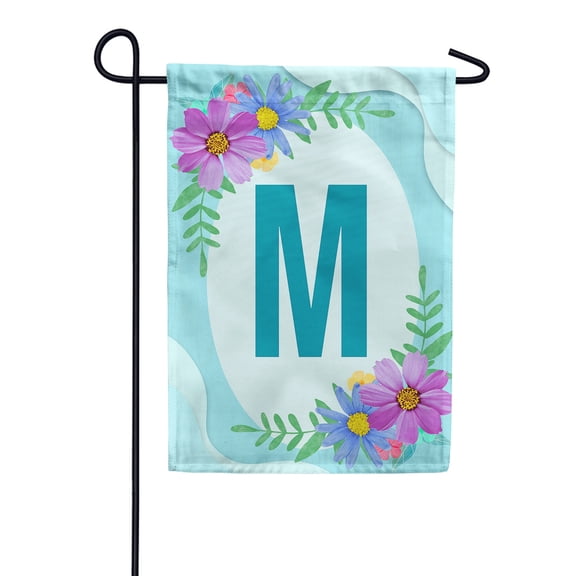 America Forever Spring Monogram Garden Flag Letter M 12.5 x 18 inches Double Sided Vertical Outdoor, Yard, Lawn, Pink and Blue Flowers, Cosmos, Leaves, Summer Flower Garden Flag