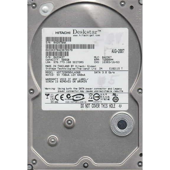 HDT725050VLA360, PN 0A33437, MLC BA2367, Hitachi 500GB SATA 3.5 Hard Drive