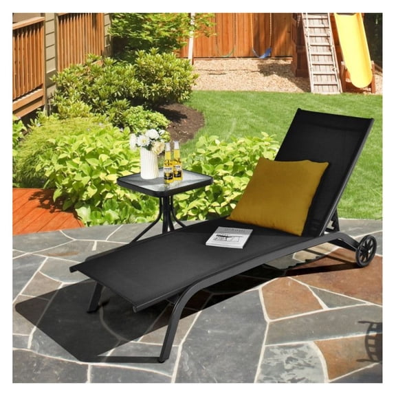Outdoor Chaise Lounge Recliner with Wheels - 6-Position Adjustable Patio Chair - Heavy Duty Steel Frame - Black/Brown/Gray