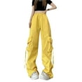 thumbnail image 2 of Yellow Womens Joggers Fashion Streetwear Pockets Wide Leg High Waist Straight Trousers Overalls Wide Leg Pants Woman Size S, 2 of 6