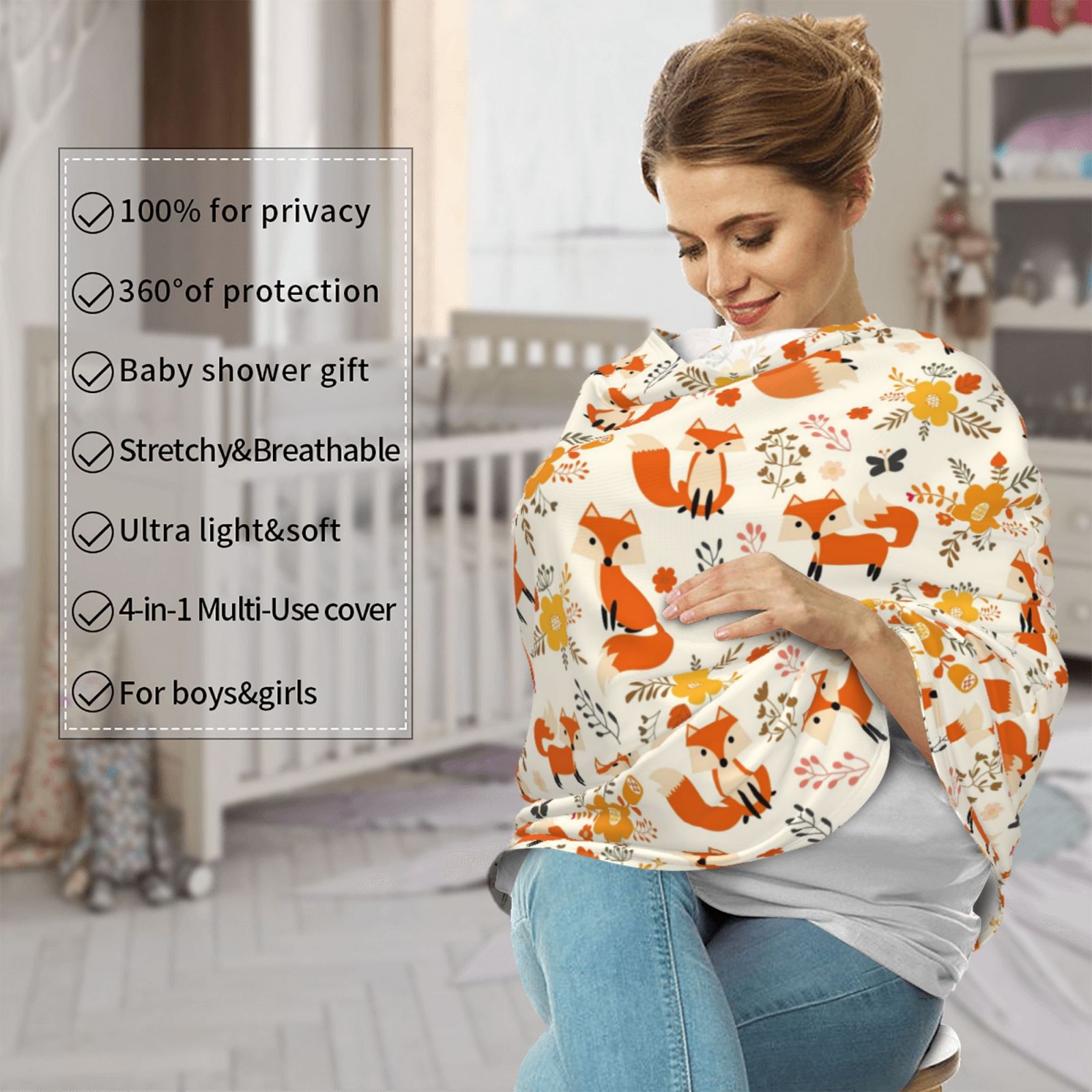 Fotbe Flower Fox Pattern Car Seat Covers for Babies, Nursing Breastfeeding Cover Infant Carseat Canopy, Soft Stretchy Carrier Cover