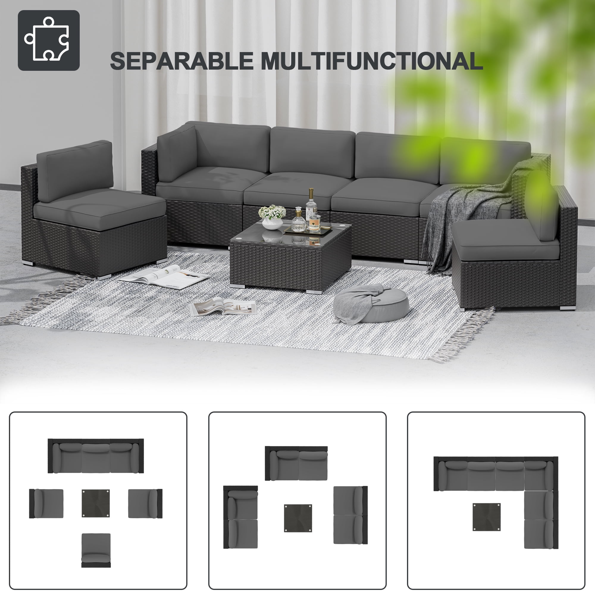 SUNCROWN 7-Piece Outdoor Patio Furniture Sofa Set All-Weather Black Wicker Sectional Conversation Set with Modern Glass Coffee Table and Cushions, Backyard, Garden, Deck, Dark Grey