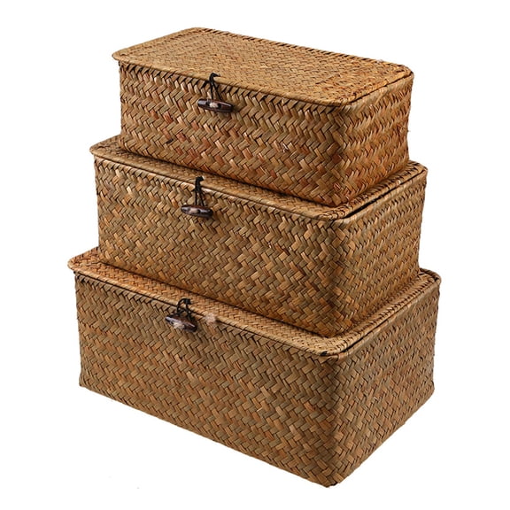OIUR 3Pcs Woven Rattan Storage Baskets with Cover Large Capacity Natural Style Wicker Storage Baskets Stackable Sundries Storage Boxes