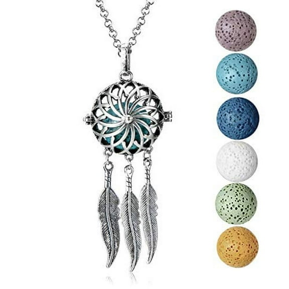 Wild Essentials Dream Catcher Lava Stone Essential Oil Diffuser Necklace Gift Set - Includes Aromatherapy Pendant, 24" Stainless Steel Chain, 6 Color Lava Stones