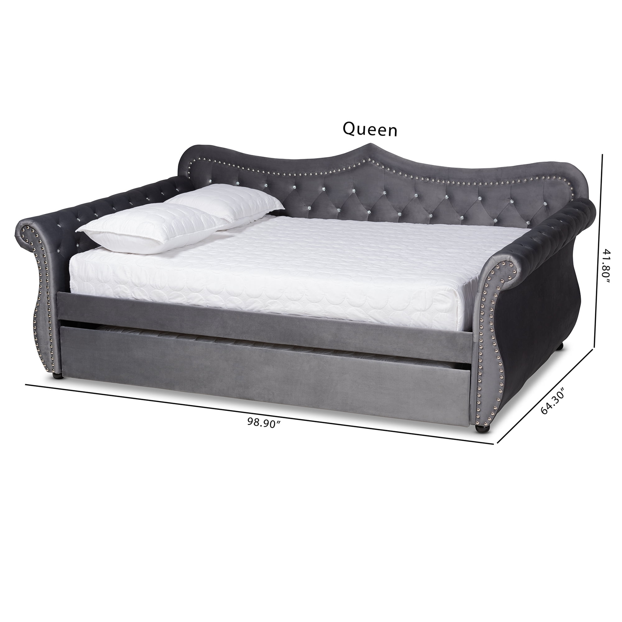 Baxton Studio Abbie Grey Velvet Upholstered and Crystal Tufted Queen Daybed with Trundle