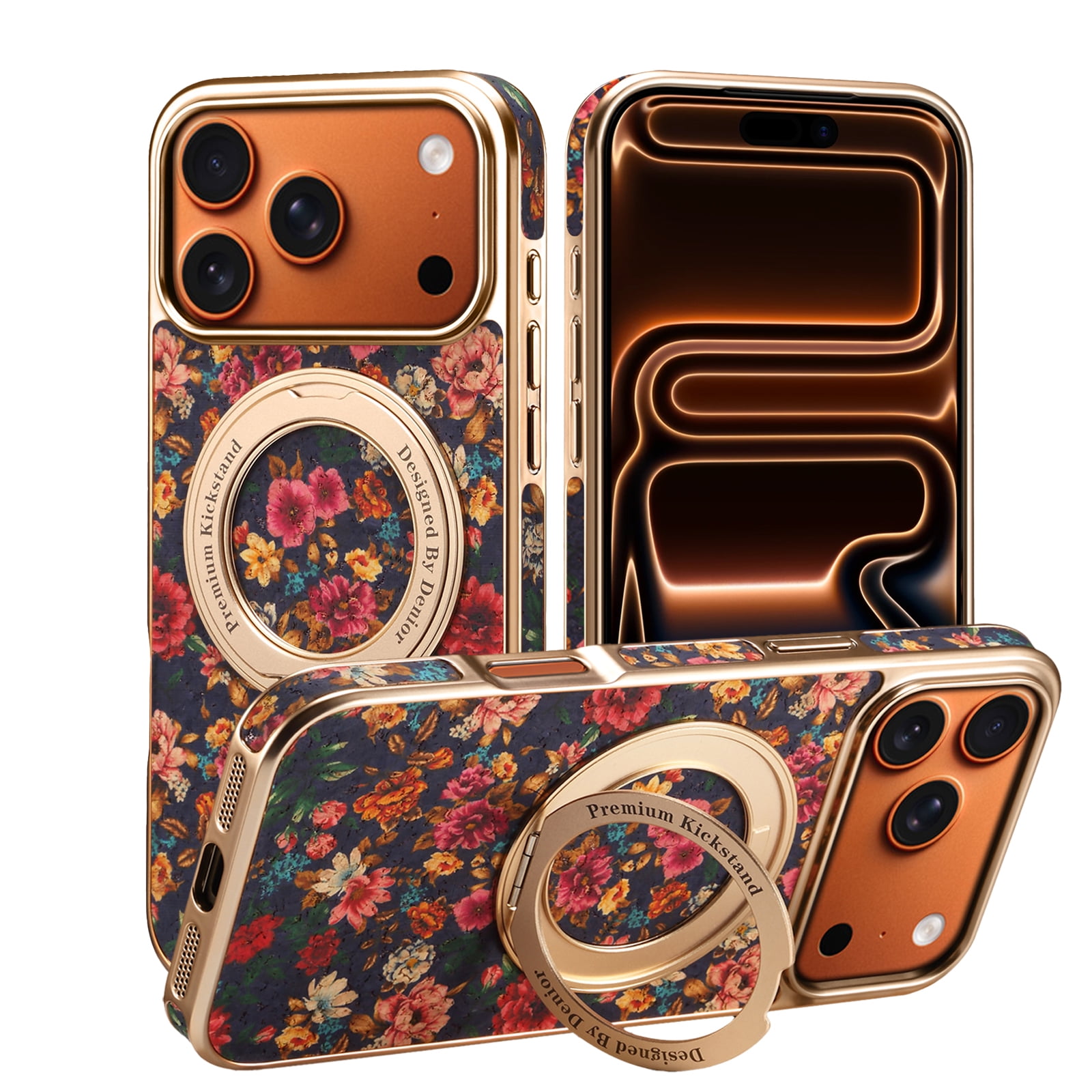 ELEHOLD For iPhone 17 Pro Max Magnetic Case , Luxury Vintage Floral Shockproof Built-in Ring Kickstand Hybrid TPU+PC Cover Mag-Safe Compatible, Purple