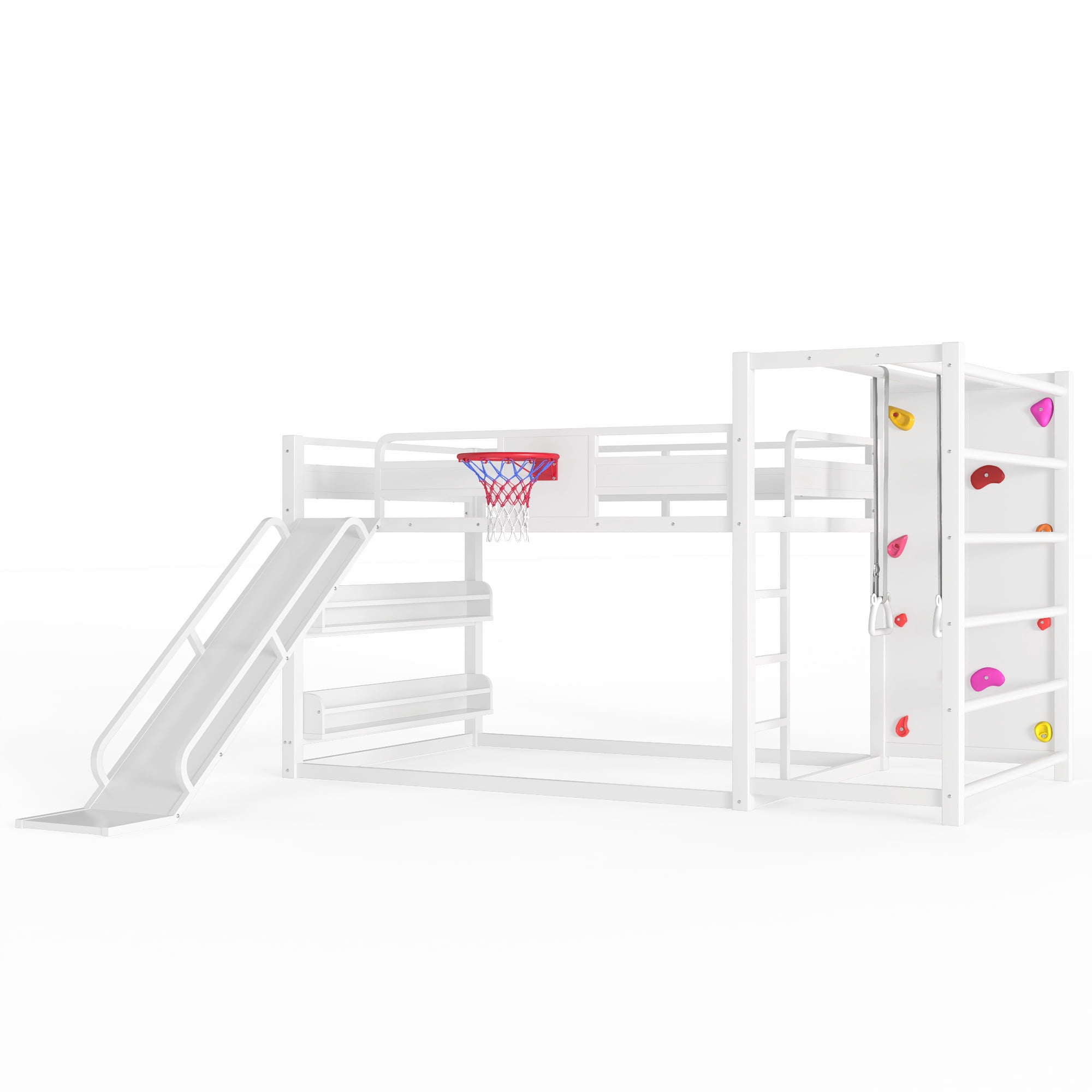 Full Size Loft Bed with Basketball Hoop, Pull-up Rings and Climbing Wall, Metal Loft Bedframe with Bulit-in Bookshelves, Kids Playhouse Bed with Slide for Boys Girls