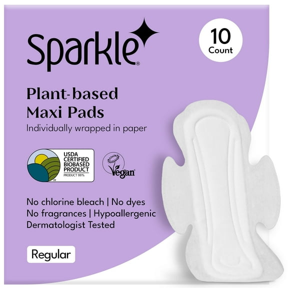 Sparkle Pads for Women, Plant-Based Maxi Pads for Sensitive Skin, Feminine Care, Sanitary Napkins, Organic Pads Super Soft & Leak-Proof - with Wings, Regular Absorbency, Unscented (Regular, 10 Count)